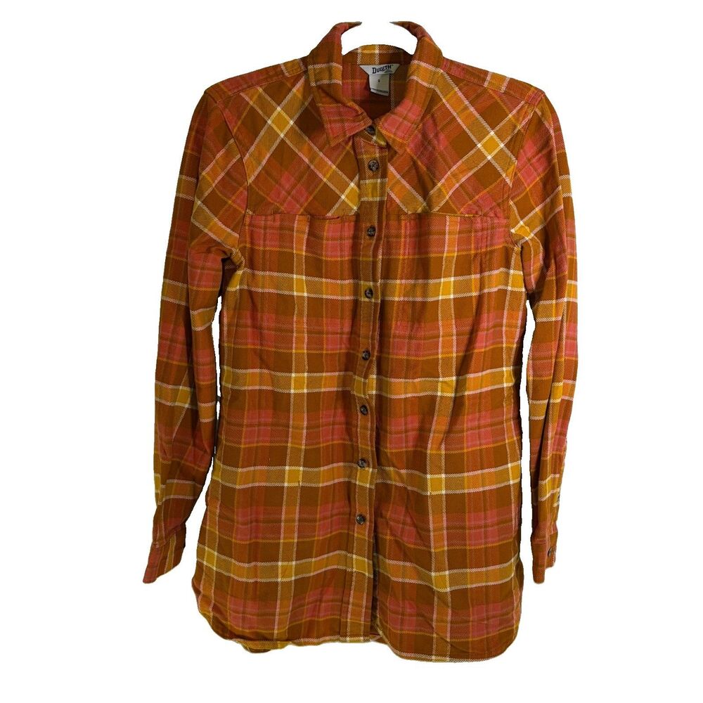Duluth Trading Co. Women Small Orange Plaid Button Down Flannel Pockets Oversize